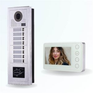 BT SECURITY Portier interphone vid&eacute;o modern 2 fils - 8 appartements - 8 &eacute;crans blancs - avec lecteur de badge