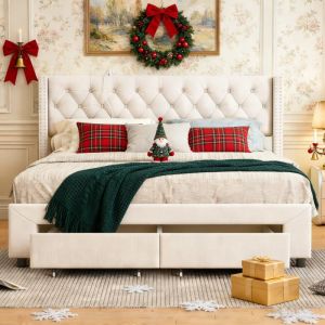 Lit double 140x190 cm - LED - tissu en velours - sommier - tiroir - cadre de lit 140x190 cm - beige