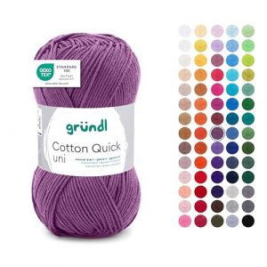 Gründl Laine Cotton Quick uni - Laine pour crochet - 100% coton - Laine pour tricot - Fil de coton brillant - 1 pelote de 50 g / 125 m - Taille des aiguilles 3-4 - Mauve