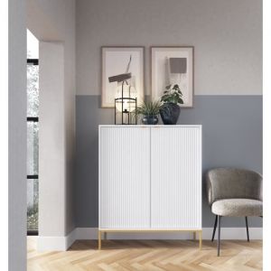 Selsey - Vellore - Commode haute - blanche avec façades rainurées et cadre doré