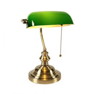 Image de Newrays Lampe de bureau de banquier en verre vert avec interrupteur à chaîne à tirer, Fini bronze vert