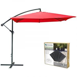 Meublorama - Pack parasol d&eacute;port&eacute; rouge + dalle b&eacute;ton &ndash; &Eacute;l&eacute;gance, ombre xxl et stabilit&eacute; assur&eacute;e