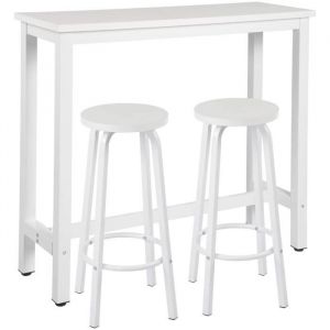 WOLTU 1xTable de Bar, Table &agrave; Manger + 2xTabourets de Bar en m&eacute;tal et MDF,120x40x100cm, Blanc, Polyvalent