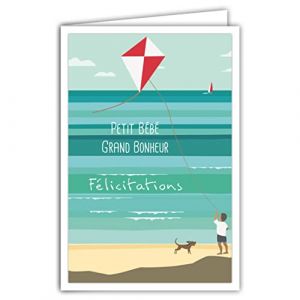 AFIE 69-4336 Carte Félicitations Petit Bébé Grand Bonheur avec Enveloppe pour Naissance Baptême Adoption Anniversaire Garçon Cerf-Volant Chien Rétro Vintage - Affichette Mini Posters Format 17x11,5cm
