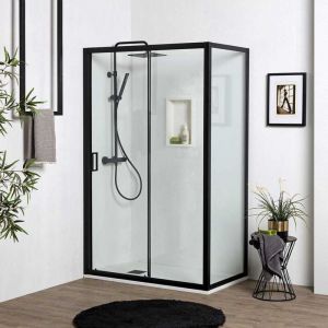 Kiamami Valentina Porte De Douche Niche 130 Cm + C&ocirc;t&eacute; Fixe 80 Cm H: 190 Cm Avec Cadre Noir Mat / City