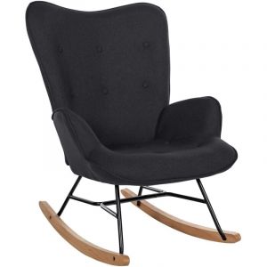 D&eacute;coshop26 Fauteuil &agrave; bascule rocking chair en tissu noir capitonn&eacute; cadre en m&eacute;tal et patins en bois 100003807