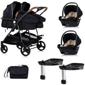 DUO SMART Poussette jumeaux ou enfants rapproch&eacute;s largeur 79 cm Noir + 2 cosy i-Size noir avec base Isofix