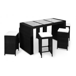 Deuba Bar de terrasse 13 &eacute;l&eacute;ments incl. table tabourets coussins - noir/cr&egrave;me