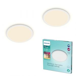 Philips Plafonnier LED Superslim pour salle de bains, blanc, 18W, lumière blanc chaud 2 700K, 3 réglages de lumière - variateur sans gradateur, protection IP44, lot de deux