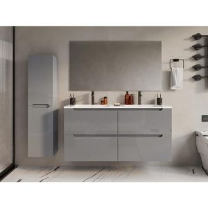 Meuble de salle de bain suspendu avec double vasque à encastrer et colonne - Gris - 120 cm - SELITA