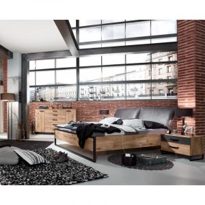 Pegane Lit futon adulte avec tête de lit rembourré et 2 chevets Imitation chêne poutre rechampis raw steel - 180 x 200 cm -PEGA