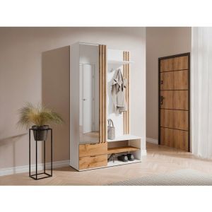 Vestiaire avec miroir et rangements - Blanc et Naturel - JANAKIA