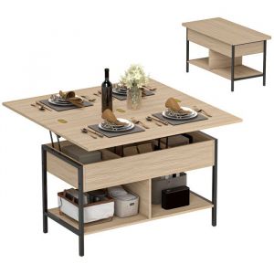 Homcom Table basse relevable - plateau pliant, compartiment et étagères - panneau de particule - 98x49x55cm - bois naturel