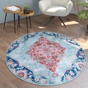 Paco Home Tapis Salon Chambre Adulte Tissage Plat Rond Moderne Oriental Vintage Lavable Turquoise, 200 cm rond