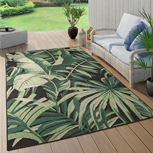 Paco Home - Tapis Exterieur Terrasse Salon Cuisine Palmiers Jungle Fleuri Motif Boho Vert 120 cm rond, Noir 5