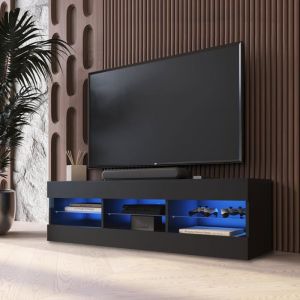 Meuble Tv Tivoli Rtv Komodee - Led Bleues - Noir Brillant Et Noir - Facades En Mat - 140 X 41 X 35 Cm