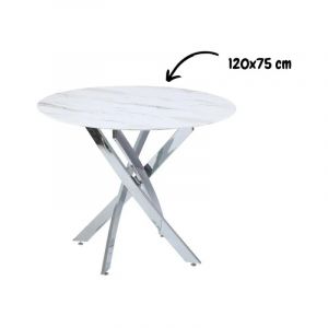 Table a manger ronde JESSICA XXL chrome verre effet marbré blanc 120 cm