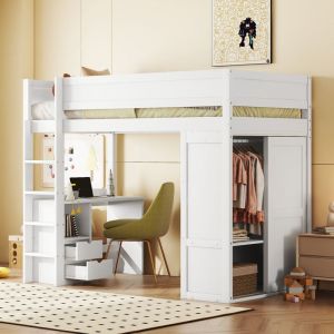 Lit mezzanine avec bureau, lit mezzanine enfant 90x200 cm avec armoire et tiroirs, cadre de lit en bois, blanc