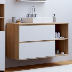 Idmarket Meuble sous vasque suspendu salle de bain TOMI 2 tiroirs et 2 niches façon hêtre et blanc