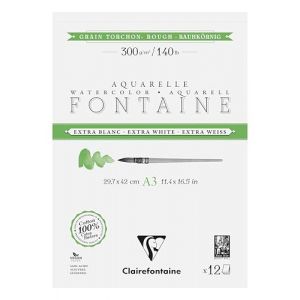 Clairefontaine 976088C Bloc Encoll&eacute; 2 C&ocirc;t&eacute;s Fontaine Extra Blanc Grain Torchon A3 29,7x42 cm 300g - 12 Feuilles Papier Aquarelle Extra Blanc 100% Coton - Qualit&eacute; Professionnelle