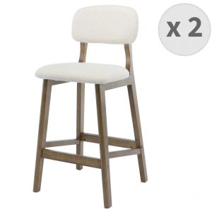 Lot de 2 chaises de bar en tissu bouclette Ecru et bois teint&eacute; noyer