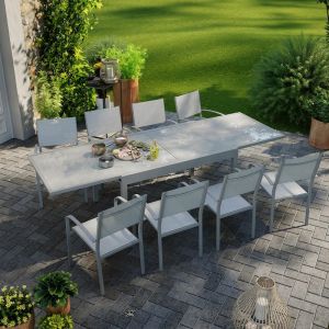 Image de Table de jardin extensible al ini 270cm + 8 fauteuils empilables textilène gris LIO 8 Gris