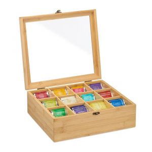 Relaxdays Bo&icirc;te &agrave; th&eacute;, 12 compartiments, rangement sachets, bambou, avec fen&ecirc;tre, h x l x p : 11 x 32 x 28 cm, nature