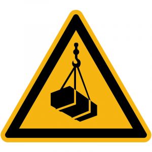 Autocollant Danger Warning Avertissement NF ISO7010 - Sticker Adh&eacute;sif Signal&eacute;tique Triangulaire Lamin&eacute; Plastifi&eacute; R&eacute;sistant &agrave; l'eau et aux UV - Charges Suspendues - 10x10 cm