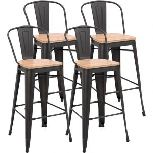 Homcom Lot de 4 tabourets de bar industriel avec dossier repose-pied hauteur assise 76 cm métal noir panneaux multicouches imitation bois