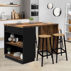 Idmarket Ilot central mange debout 4 personnes VITO 130 cm bois foncé effet vieilli et noir HAWKINS