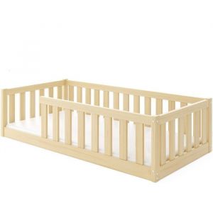 Interbeds - Lit enfant Bella Dim. Couchage 80x160 Style Montessori – Au sol- Barrière de Sécurité - Sommier à Lattes- Bois Massif- Pin-Sans matelas