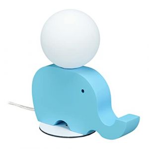 Image de Relaxdays Lampe de chevet pour chambre enfant ou bébé, forme d’éléphant bois, boule verre, 21x20x10 cm, bleu ciel/blanc