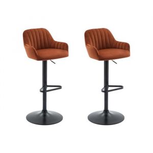 Vente-unique - Lot de 2 tabourets de bar en velours et métal noir - Hauteur réglable - Terracotta - eleana
