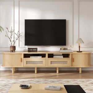 Meuble TV 170x40x40cm - Avec 2 tiroirs en rotin - 2 portes coulissantes - MDF - Naturel
