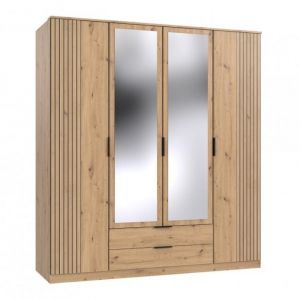 Wimex Armoire avec corniche BELOU 5 portes 2 miroirs 2 tiroirs décor chêne artisan rechampis aspect clayettes