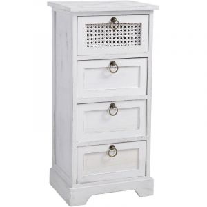 Idimex Chiffonnier IRMA petite commode avec 4 tiroirs, en bois de paulownia blanc style shabby chic vintage bohême avec déco en rotin