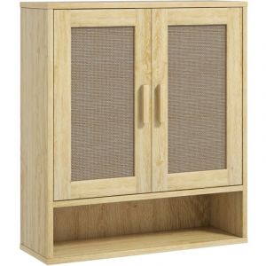 Homcom Armoire murale salle de bain wc style bohème - 2 portes, étagère, niche - effet rotin bois clair