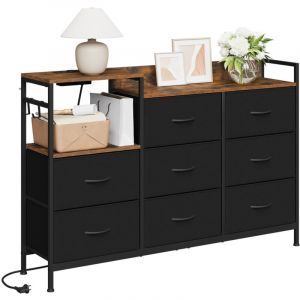 Woltu - Commode à 8 Tiroirs Commode avec Station de Charge, Tiroirs en Tissu et Crochets, en Métal et Bois d'Ingénierie E1, Marron Rustique + Noir
