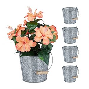 Image de Relaxdays Seau métal en lot de 5, petit pot à fleurs zinc pour cuisine, balcon et jardin, avec anse, décoration, argenté