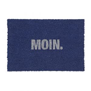 Relaxdays Paillasson coco, inscription en allemand «Moin», 40x60 cm, résistant, antidérapant, tapis de porte, bleu/blanc -