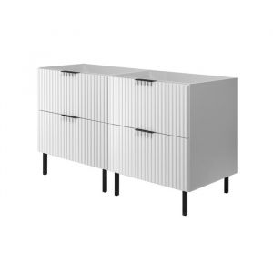 Furnidea - Meuble sous double vasque sur pieds FLOW blanc 120 cm - 4 tiroirs - fa&ccedil;ades rainur&eacute;es