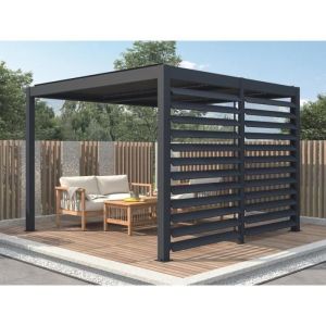 Pergola bioclimatique autoportante &eacute;lectrique anthracite en aluminium avec lames orientables et claustra 2,78 m - 12 m&sup2; - AMADORA