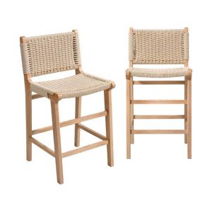 Lot de 2 tabourets de bar en bois d'hévéa et assise en cordes Naturel / Beige