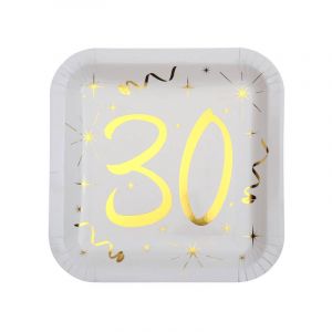 Axho 10 Assiettes en Carton Anniversaire - Blanc et Or - 30 ans