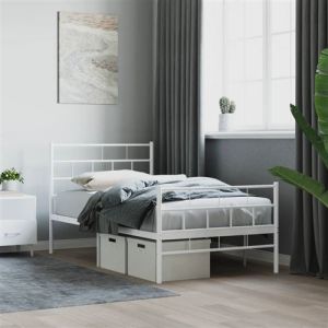VidaXL Cadre de Lit avec Tête de Lit et Pied de Lit, Lit Simple avec Sommier à Lattes, Lit Adulte avec Rangement Chambre, Moderne, Blanc 90x190 cm Métal