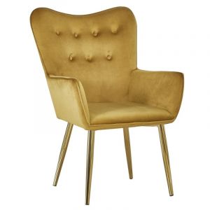 Image de MENZZO Fauteuil scandinave Nadol Velours Jaune Foncé pieds Or