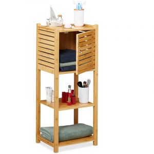 Image de Relaxdays Etag&egrave;re de salle de bain en bambou, 3 rangements & 1 compartiment avec porte, HLP: 87,5 x 35 x 29 cm, naturel