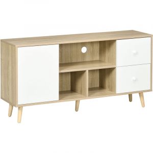 Image de Homcom Meuble TV scandinave porte 3 niches 2 tiroirs piètement bois de pin aspect chêne clair blanc 120x30x60cm Beige