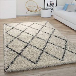 Paco Home - Tapis Shaggy Tapis De Salon Poil Long Moderne Boho Scandinave Motif Diamant 120 cm rond, Crème 2