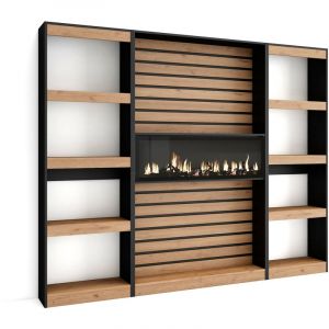 Tagère Bibliothèque, Étagère de Rangement, 230x186x25cm, Salon Salle à manger Bureau, Cheminée électrique, Style moderne, Chêne et noir - Skraut Home